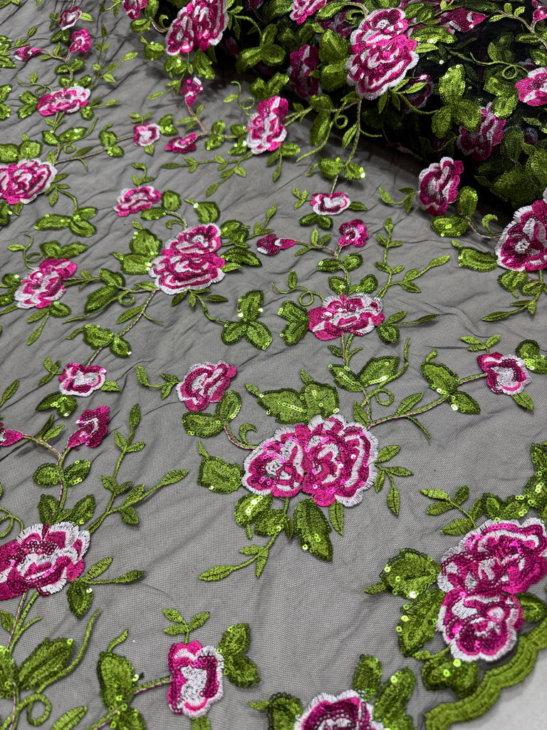 Tul Bordado Flores Con Lentejuela "Rosas"